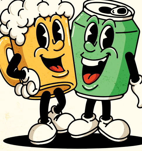 FTP mascots — a beer mug and a can cheersing